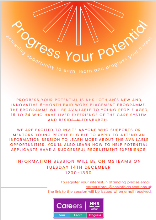 MaximiseFutures's tweet photo. Do you #mentor #careexperienced people in #Edinburgh (16-24)? You are invited to an information session on a #brandnew 6-month #paid #workplacement opportunity with the #NHS. Join #Progressyourpotential on 14/12/21 for more info!
#Mentoring #Support #CareersForAll #opportunity https://t.co/PXfbUWNyGU