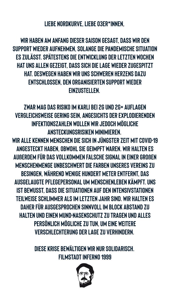 NordkurveBBG's tweet photo. Das #FI99 stellt aufgrund der pandemischen Lage den organisierten Support in den nächsten Heimspielen ein. Zur Dokumentation die gesamte Mitteilung anbei 👇👇👇

https://t.co/RBLP2Y3VxB https://t.co/i8UsUinBZT