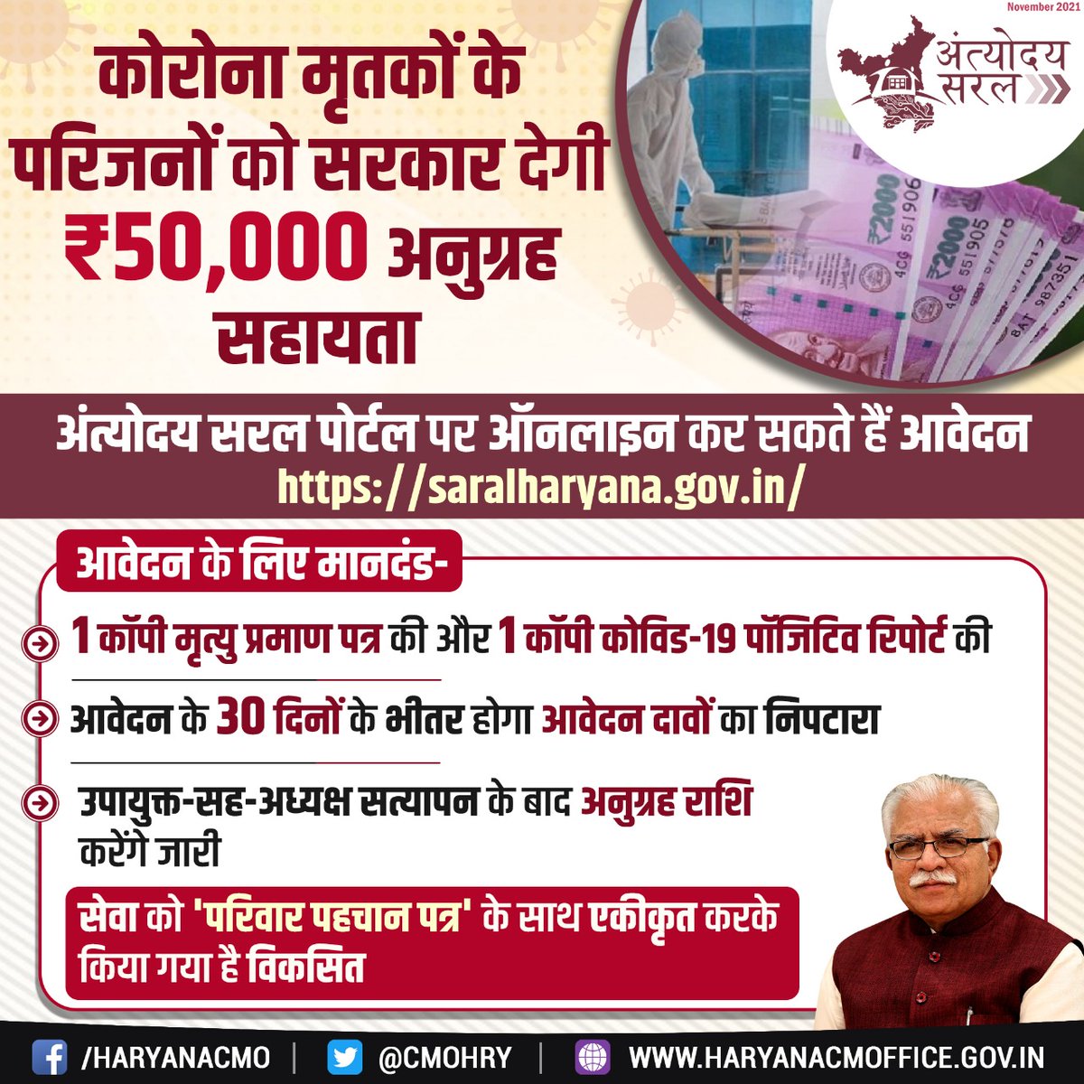 cmohry's tweet photo. हरियाणा सरकार ने राज्य में कोविड-19 के कारण हुई मृत्यु के मामलों में मृतक के परिजन को ₹50,000 प्रति केस के अनुसार अनुग्रह सहायता प्रदान करने के लिए अंत्योदय सरल पोर्टल (https://t.co/EnI6tynQSy) पर ऑनलाइन सेवा शुरू की है। https://t.co/VPg9dt94Ut