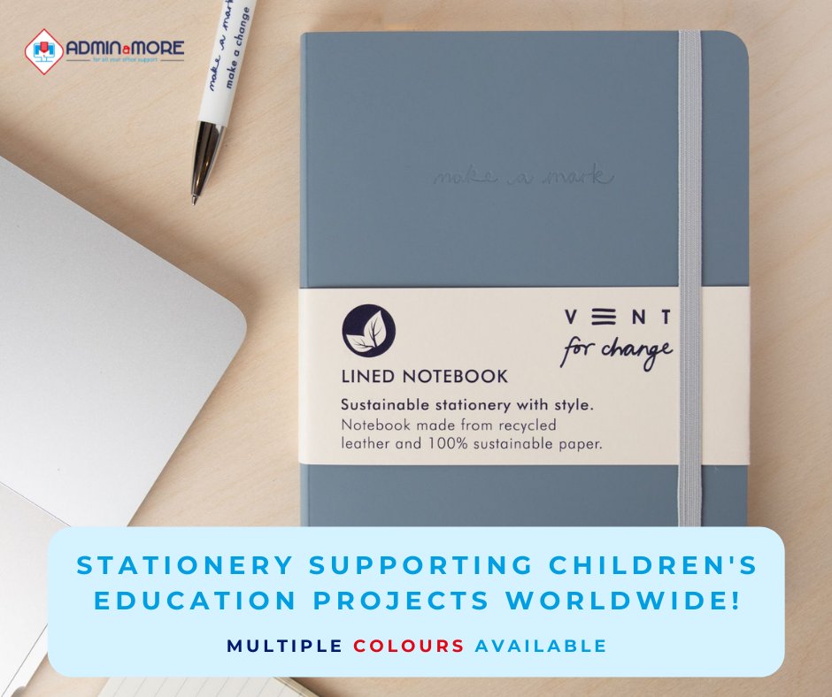 #sustainable stationery with style. This is a 100% #recycled A5 leather noteboo in ‘Dusty Blue’ with ‘make a mark’ debossed on the front. Every VENT #notebook sold helps support children’s #education projects worldwide! To check out more of the range: bit.ly/AdminandMoreSt…