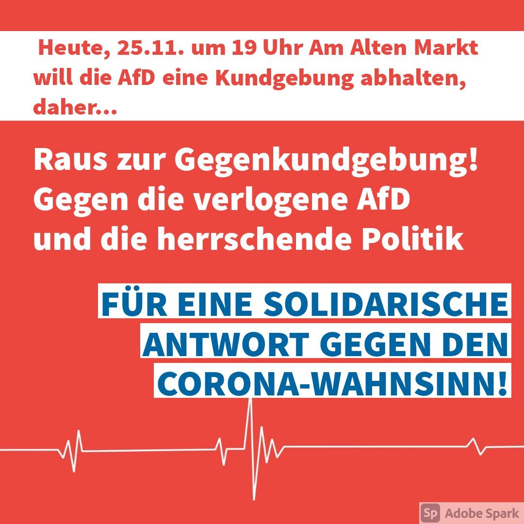 TickerPotsdam's tweet photo. Die #noAfD plant heute eine Kundgebung in #Potsdam 'gegen den #Corona-Wahnsinn'. Kommt zur Gegenkundgebung für eine solidarische Antwort. Mit Fakten statt #FakeNews, verständlich und klar formuliert durch @PatientInnen
Heute, 25.11. um 19 Uhr am Alten Markt | Potsdam #Brandenburg https://t.co/4XMNM50cAF