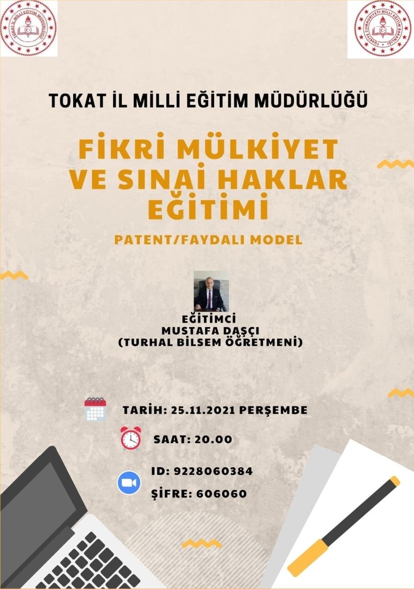 tokatmem's tweet photo. Tüm idareci ve öğretmenlerimize yönelik Fikri Mülkiyet ve Sınai Haklar Eğitimi verilecek.

📅 25.11.2021
⏰20.00

@tcmeb @Murat4Kucukali https://t.co/Xy0rlSbI3i