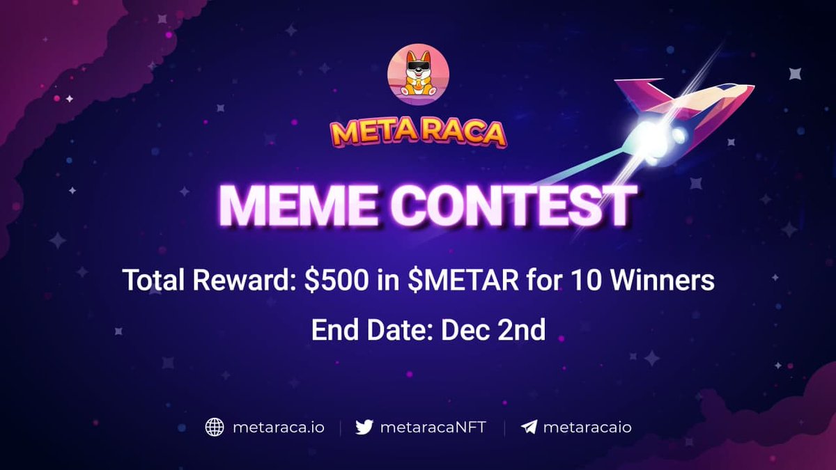 💥MEME CONTEST💥

🙌Join us now:
1️⃣ Follow <a href="/metaracaNFT/">Metaraca</a>
2️⃣ Create Memes about #METARACA and comment in this thread with hashtags: #METARACA $METAR
3️⃣ Join Telegram and reply your Memes to this thread: t.me/metaracaann/83

🚀HODL $METAR EARN $RACA