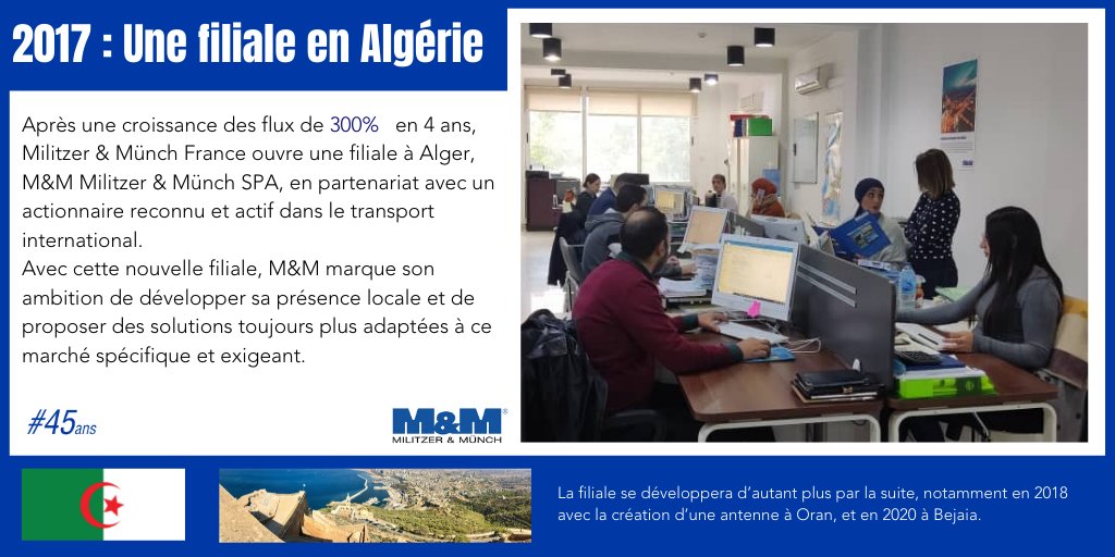 Militzer_Munch's tweet photo. 📰2017 : Une filiale en Algérie

Après une croissance des flux de 300%   en 4 ans, Militzer &amp; Münch France ouvre une filiale à Alger, M&amp;M Militzer &amp; Münch SPA, en partenariat avec un actionnaire reconnu et actif dans le transport international. 

#Transport #France #Algérie https://t.co/MbGNScWin2