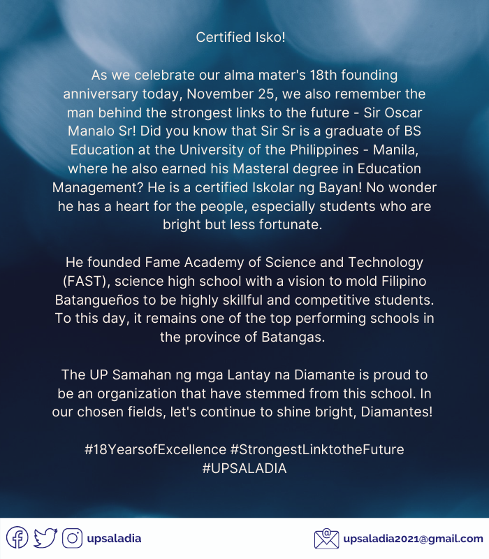 upsaladia's tweet photo. The UP Samahan ng mga Lantay na Diamante is proud to be an organization that has stemmed from this school. In our chosen fields, let's continue to shine bright, Diamantes! ππ
#18YearsofExcellence
#StrongestLinktotheFuture
#UPSALADIA https://t.co/d5JGpjK833