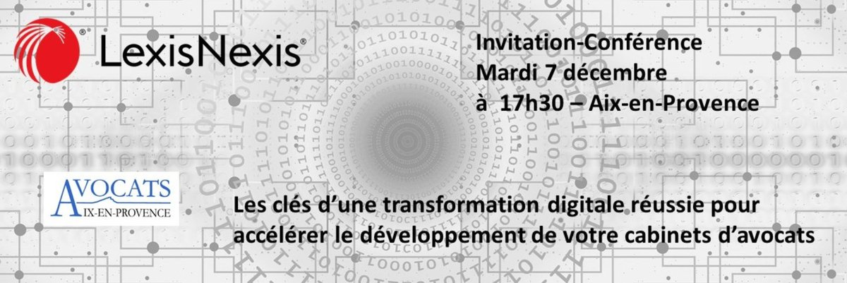 LexisNexisFr's tweet photo. Venez participer à la 🎤conférence organisée par Le Barreau d’Aix-en-Provence et LexisNexis !
🗓️ Le 7 décembre 2021 de 17H30 à 19H30, suivie d’un cocktail 🍸
📍 à l’Hôtel de Maliverny
Inscription réservée aux #Avocats 
👉https://t.co/L1sxutx80K
Validation de 2h de formation 😊 https://t.co/3kI09WpDFk
