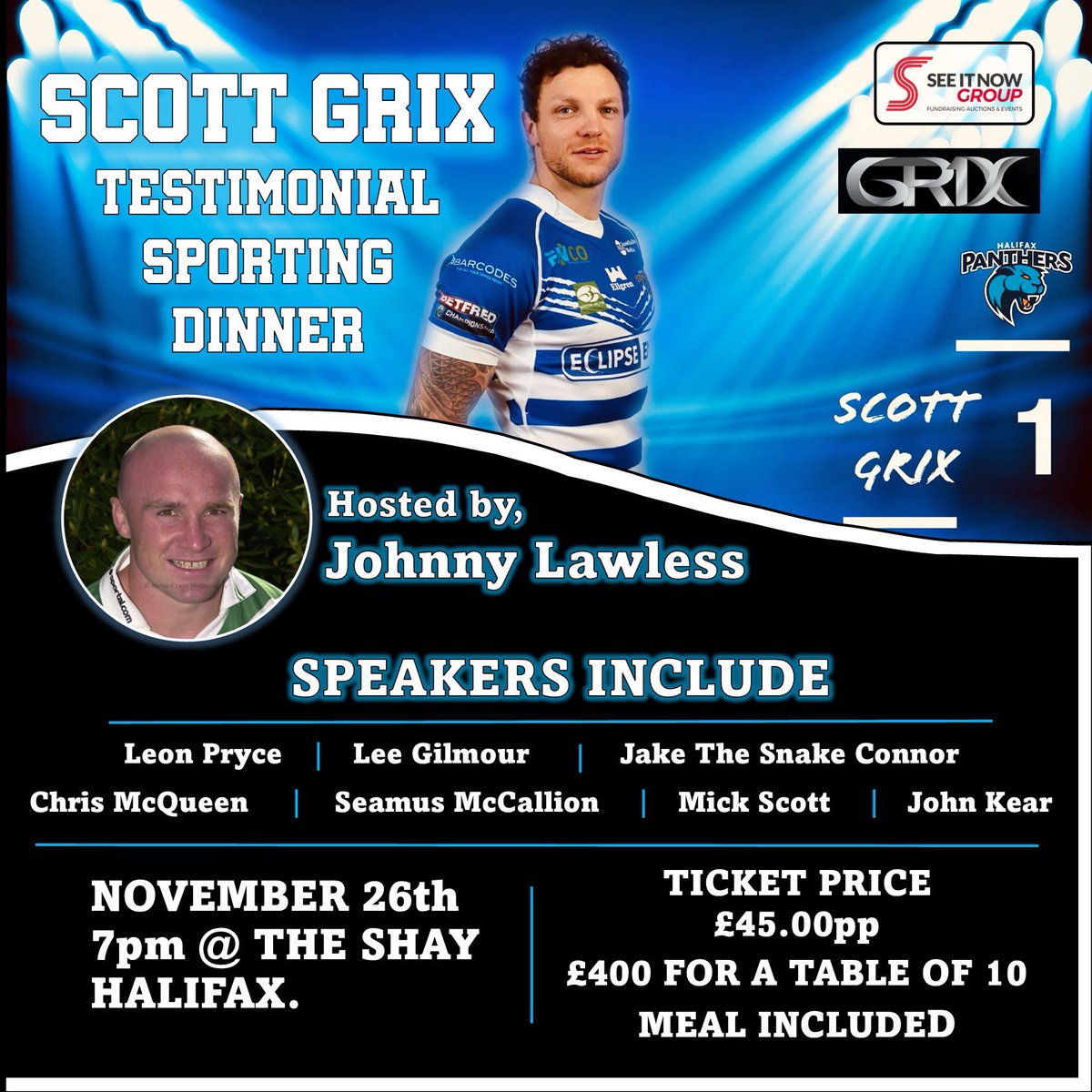 SPORTING DINNER 
DRESS CODE: SMART
LET’S GO - See you soon 
🙌🏼
-
📆 Friday 26th Nov 
📍 Shay Stadium
🏉 Guest Speakers - RL Legends 
🎤 Hosted by Johnny Lawless 
🎭 Roy Dickinson
