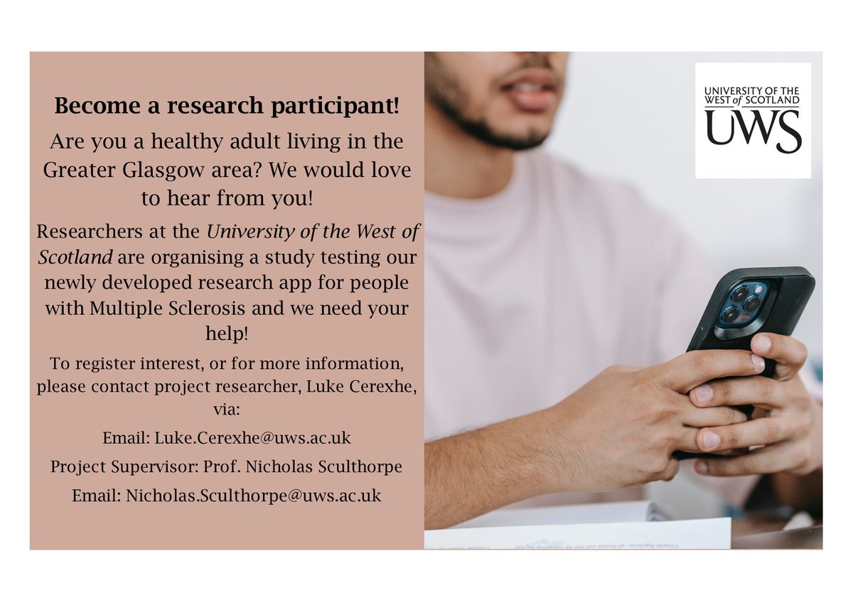 Final call for a healthy adult (specifically aged around 53-58 y.o) able to come into the #UWS Lanarkshire Campus to help with our #MultipleSclerosis app validation, any help greatly appreciated 🙏 Info available at: documentcloud.adobe.com/link/track?uri…