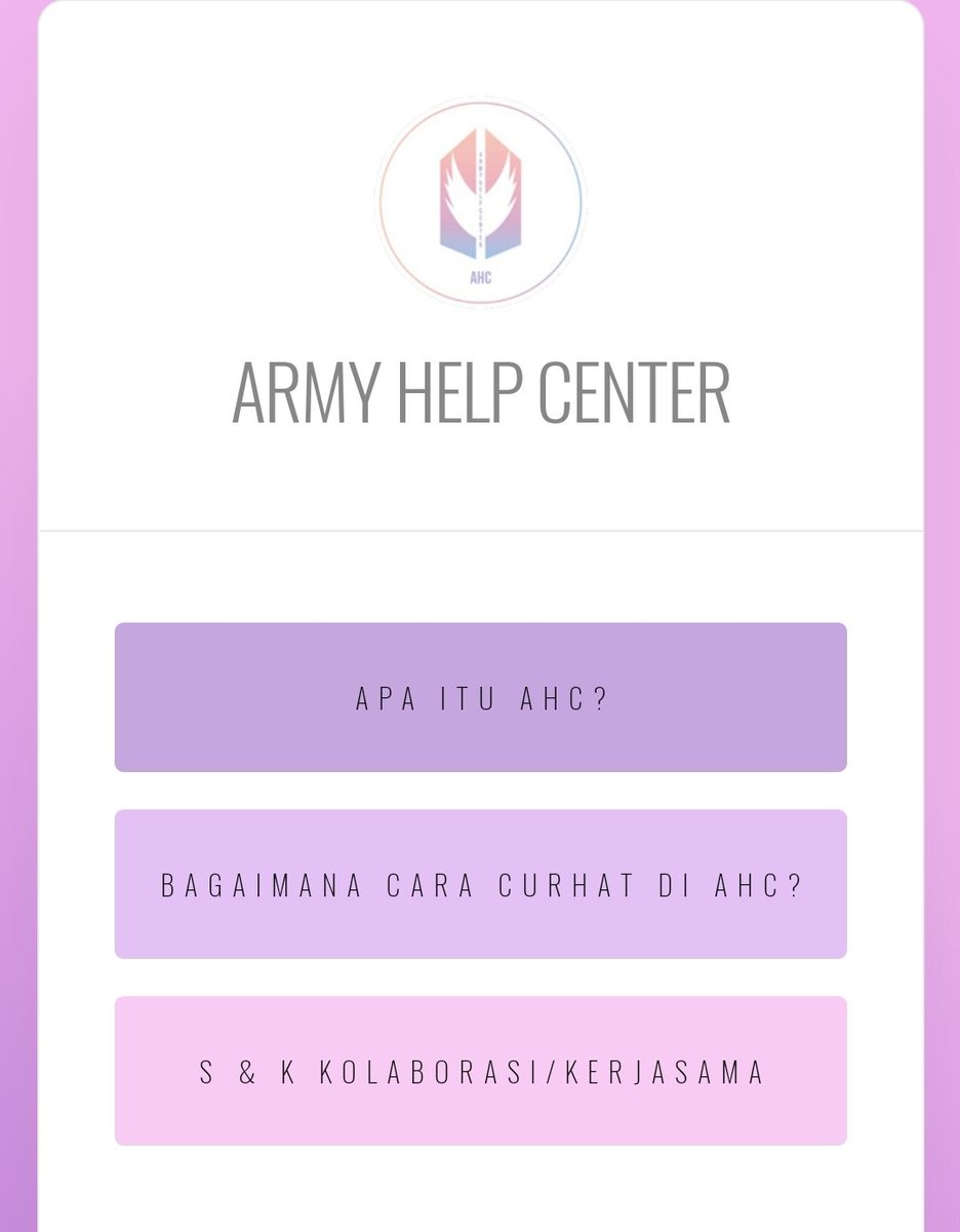 BTS_AHC_IDN's tweet photo. 💜 ARMY, welcome! 💜
First time with BTS AHC IDN?

@BTS_twt pernah bilang, "Cinta sejati dimulai dari mencintai diri sendiri", dan setiap hari adalah kesempatan baru untuk lebih menyayangi diri.

Cek menumu di sini &amp; selamat menikmati magic shop versimu 👇
https://t.co/9GjplaAMtF https://t.co/CD6k4xoUNc