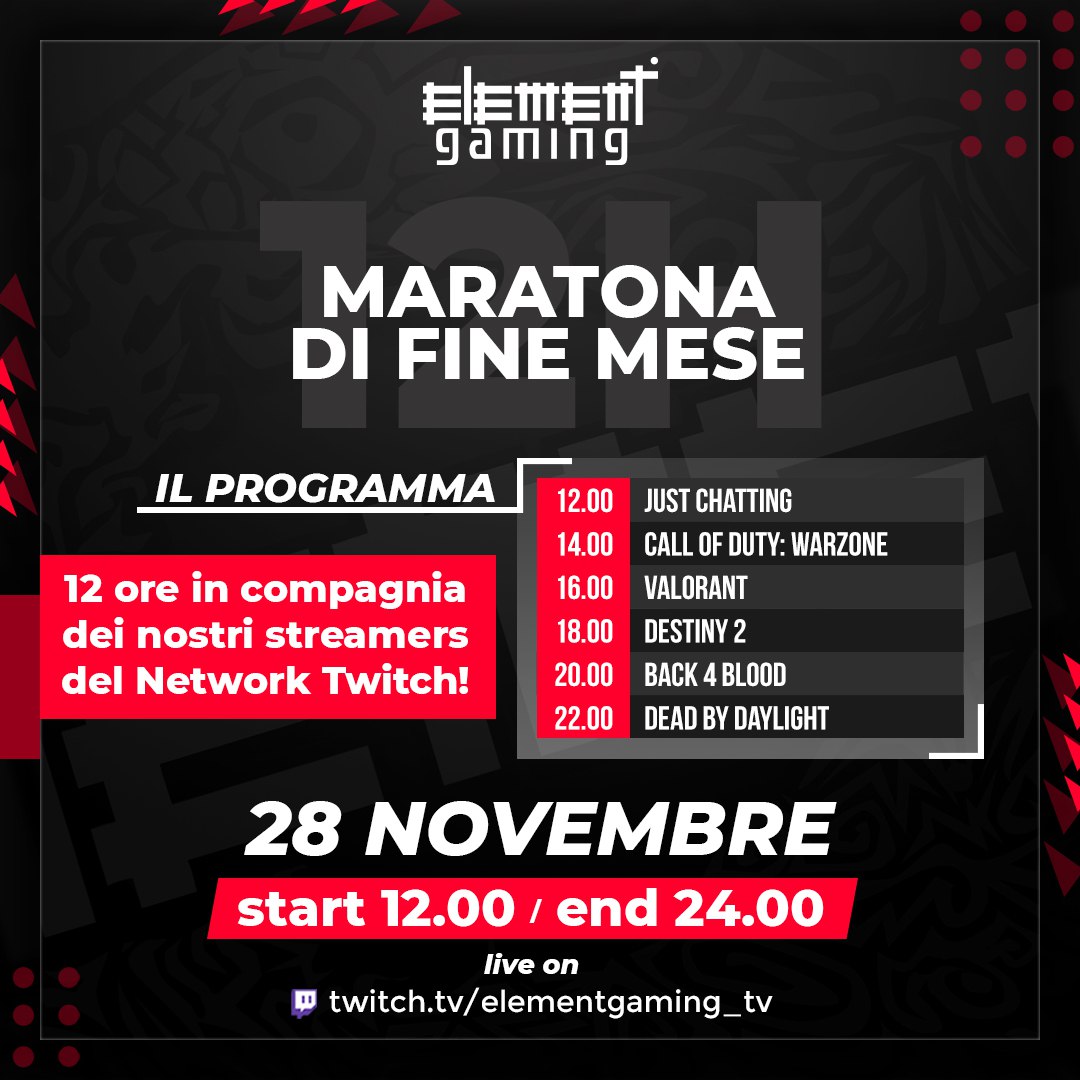 EuElementGaming's tweet photo. Se questa domenica non sapete cosa fare venite a trovarci in live. 12h di divertimento, tra chiacchiere e videogiochi.
 #element #elementgaming #twitch #twitchitalia #gamer #gaming #streaming #streamer #maratona #destiny2 #deadbydaylight #callofduty #valorant #back4blood https://t.co/7FsJrOfUiS