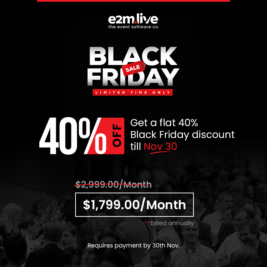 #BlackFriday Offer: Flat 40% off on E2M Enterprise Plan till November 30.

☑️ Includes 1,500 Registrations, extra @ $5 per event day
☑️ 25 Event licenses (1 year term)
☑️ Compatible Virtual/Hybrid event App &amp; Web

Get E2M Enterprise: bit.ly/-e2m-black-fri…

#eventplanning