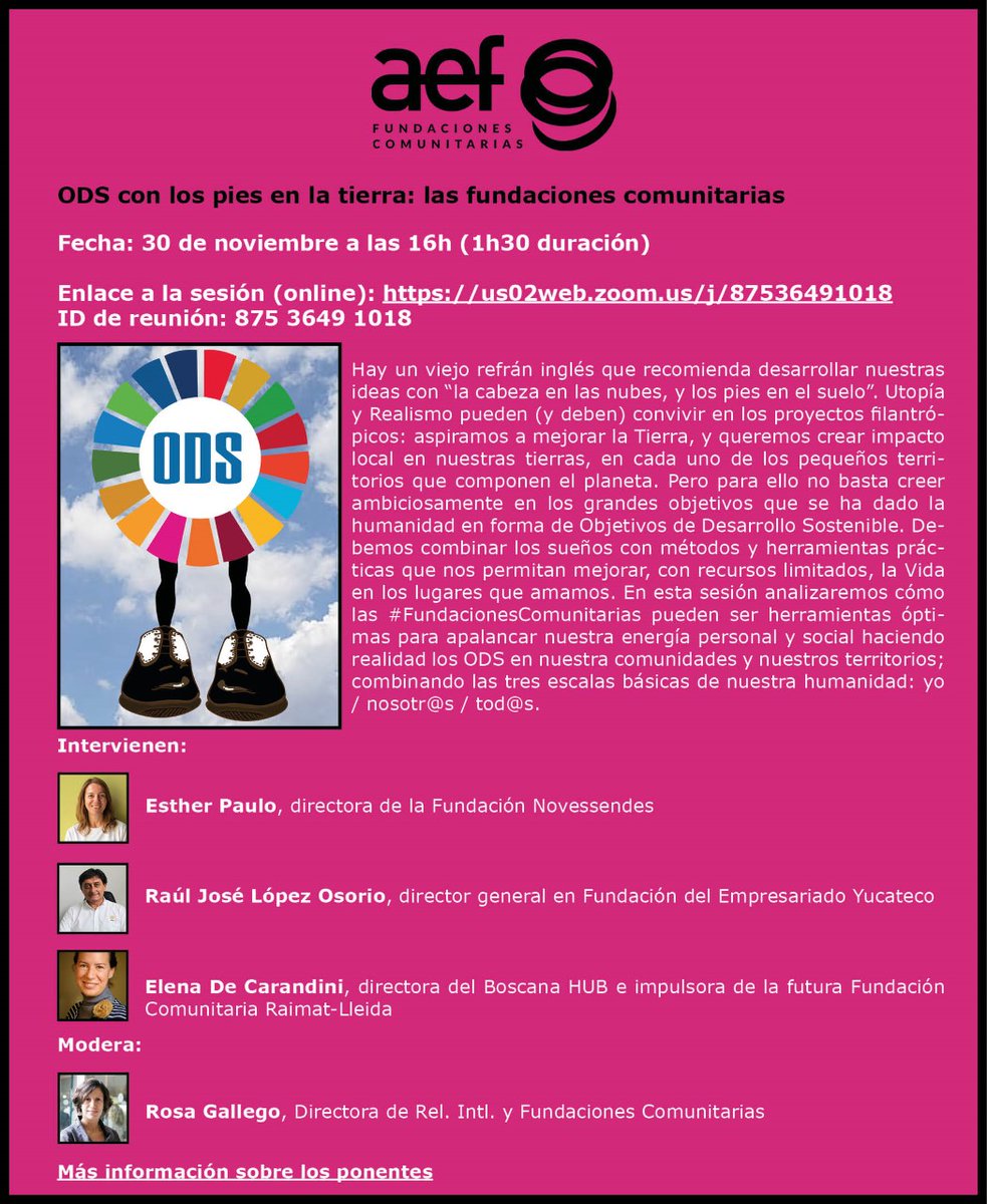 Fundacion_Ceoe's tweet image. 🔜El próximo martes 30/11 en #Demos2021 analizaremos cómo las #FundacionesComunitarias pueden ser herramientas óptimas para hacer realidad los #ODS en nuestras comunidades y territorios🌏

¡Te esperamos! 

📽️Enlace a la sesión us02web.zoom.us/j/87536491018