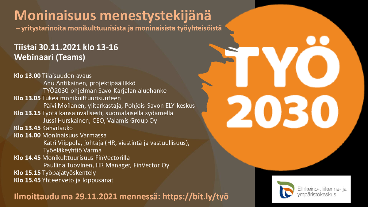 #SawostaMaailmalle -kansainvälisyyskuukaudella kuullaan yritystarinoita monikulttuurisuudesta ja moninaisista työyhteisöistä Teams-webinaarissa tiistaina 30.11.2021 klo 13–16. forms.office.com/pages/response… #elykeskus <a href="/AnuAntikainen/">Anu Antikainen</a>