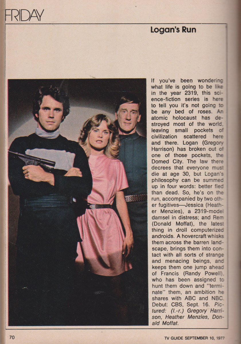 TVGFPI's tweet photo. LOGAN'S RUN. 1977.

#LogansRun #GregoryHarrison #HeatherMenzies #DonaldMoffat #RandyPowell #TVGuide https://t.co/od13TbjAr5