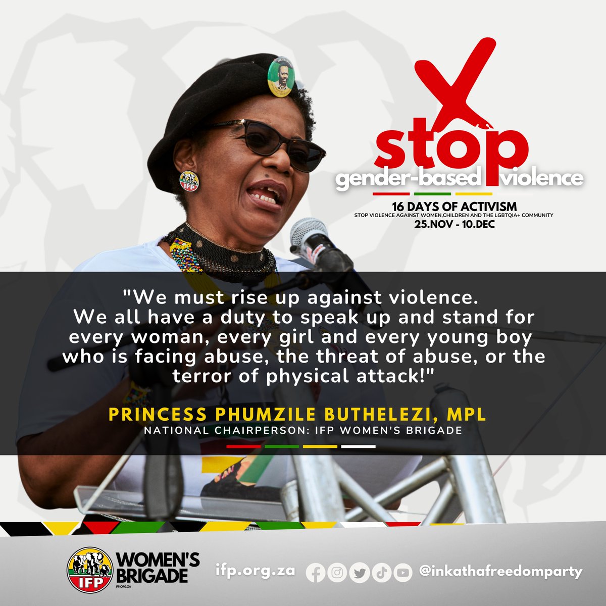 vote_ifp's tweet photo. 🇿🇦Rise up, empower yourself through knowledge to stay informed.  Share the IFP Women's  Brigade #IFPWB Info-posts with loved ones during the #16DaysCampaign 
#16Days of Activism against Gender-Based Violence is an opportunity to speak out, to speak up and to possibly save a life! https://t.co/fXpKhiOQfu