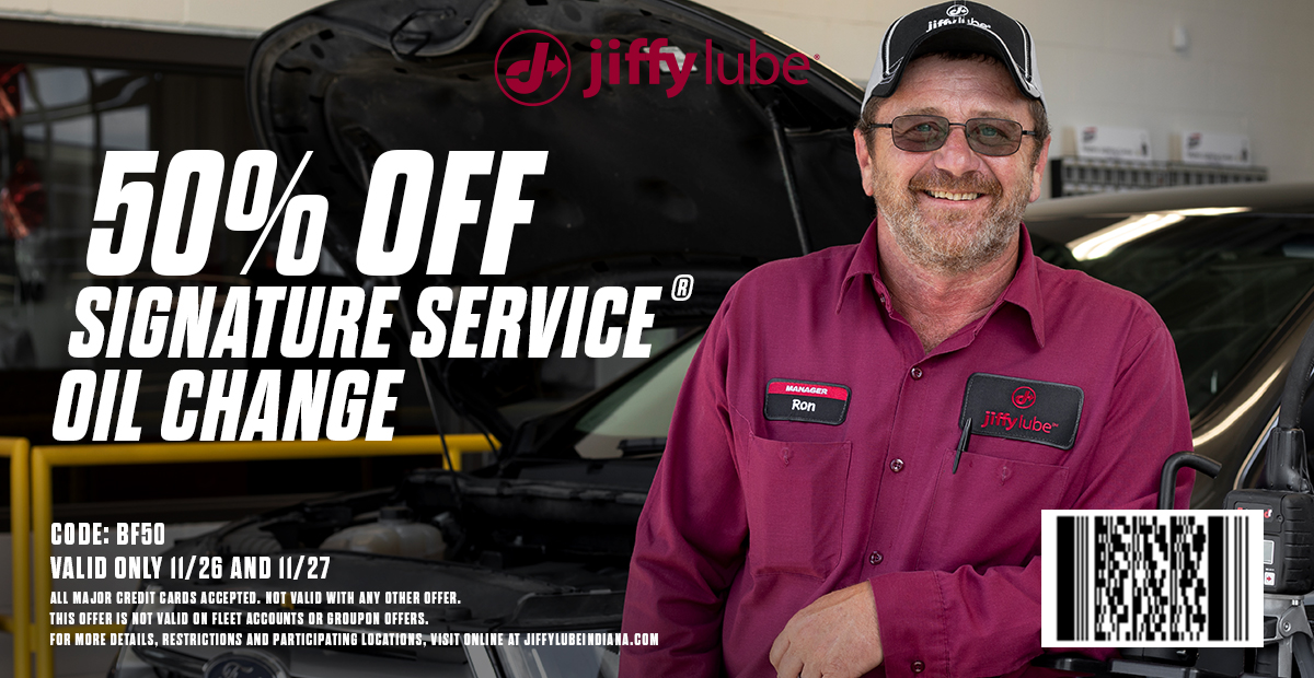 JiffyLubeIndy's tweet photo. Today we are thankful to be #IndianaOwned! To Celebrate #SmallBizSaturday we are offering up 50% off our Signature Service Oil Change Friday-Saturday! Just show this graphic during checkout! #HoosiersServingHoosiers https://t.co/o9AfZGH3XJ