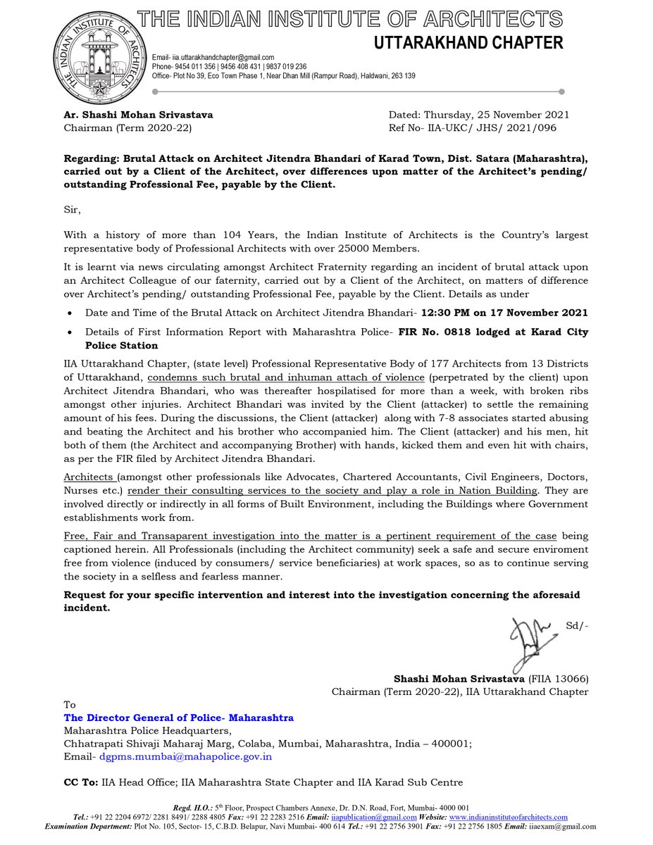 iia_uttarakhand's tweet photo. @DGPMaharashtra 
An Architect was brutally attacked by a Client over matters of Fee related differences in Karad, Dist. Satara, Maharashtra
Violence is not what we Architects seek during our Professional Works.
#CondemnViolenceagainstProfessionals
@IiaChapter @IiaTvm @iianc https://t.co/KirzO7SMSX