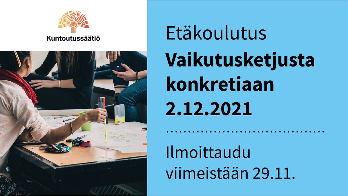 TVilhunen's tweet photo. Tule oppimaan STEA-avusteisen toiminnan arvioinnista. Koulutuksessa opit, miten toteutat arviointia #vaikutusketju'n mukaisesti. Saat myös paljon käytännön vinkkejä toimintasi #arviointi'in. Ilmoittautua ehdit vielä 29.11 saakka. https://t.co/zFHAkLN7KV @Kuntoutussaatio https://t.co/Ro06nMrrVH