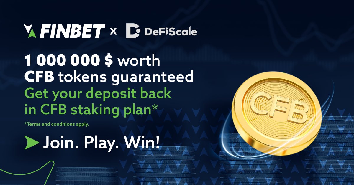 FinBet1's tweet photo. 1 000 000 $ worth of CFB tokens guaranteed. The bonus starts today! Follow us to learn more about this exclusive offer!
T&C: https://t.co/hzQld7Vu4y
#DeFiScale #FinBet #bonus #crypto #stake #bet https://t.co/9kcL4fUioI