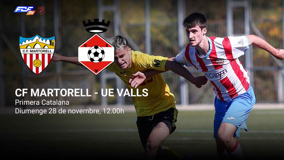 📢 La Primera Catalana, en directe ❗️ ⚽️ @cfmartorell 🆚 @UEValls 📆 Diumenge 28 de novembre ⏰ 12.00h 📍 CEM Torrent de Llops 📺 fcf.tv ➡️ El #futbolcat, en streaming a l'#FCFTV 😄 #1cat3