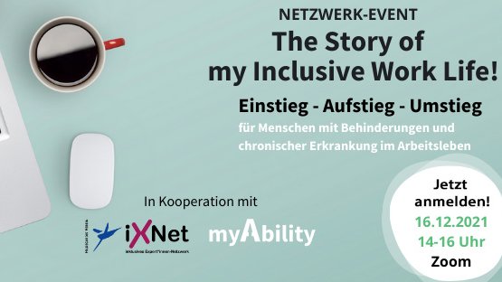 Jetzt anmelden zum Zoom-Webinar "The Story of my Inclusive Work Life" am 16.12. von 14 bis 16 Uhr. Sechs wunderbare Storyteller*innen sprechen über ihren Einstieg, Aufstieg, Umstieg als Menschen mit Behinderung und chronischer Erkrankung im Arbeitsleben. myability.zoom.us/webinar/regist…