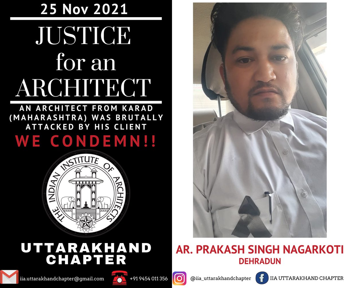 iia_uttarakhand's tweet photo. Architects from Uttarakhand #CondemnViolenceagainstProfessionals
Professionals are to help in matters of Consultancy, but not to be subjected to brutal attacks, during duration of their work https://t.co/dMwsMmVTvj