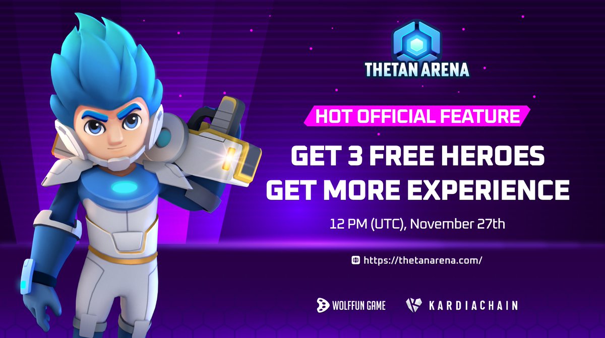 3 Free Heroes for more experiences
Play #ThetanArena &amp; get 3 free non-NFT heroes to have great experiences!
Pre-register for #GameLaunch on NOV 27
➡️ PC bit.ly/pre-regs-PC
➡️ Android bit.ly/pre-regs-Andr
➡️ iOS apple.co/30eNeql
<a href="/KardiaChain/">KaiChain</a> <a href="/wolffungame/">Wolffun Game</a>