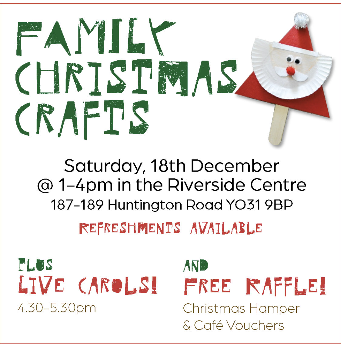 Livingwordyork's tweet photo. This Christmas we are having a craft afternoon, bring your whole family down. We’ll be making, painting, colouring and sticking lots of fun things.
We also have a free raffle with the chance of winning a Christmas hamper!!                                           Don’t miss it. https://t.co/Rb1AIQONiC