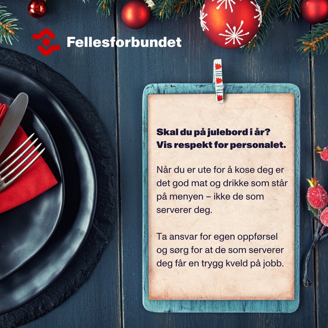 Fellesforbundet's tweet image. Skal du på julebord i år? Vis respekt for de som serverer deg!✋🏻 1 av 5 kvinner som jobber innen hotell- og restaurant opplever å bli trakassert på jobb. Det kan du gjøre noe med. Stå opp mot seksuell trakassering og husk at upassende oppførsel ikke står på menyen!🍽#notonthemenu
