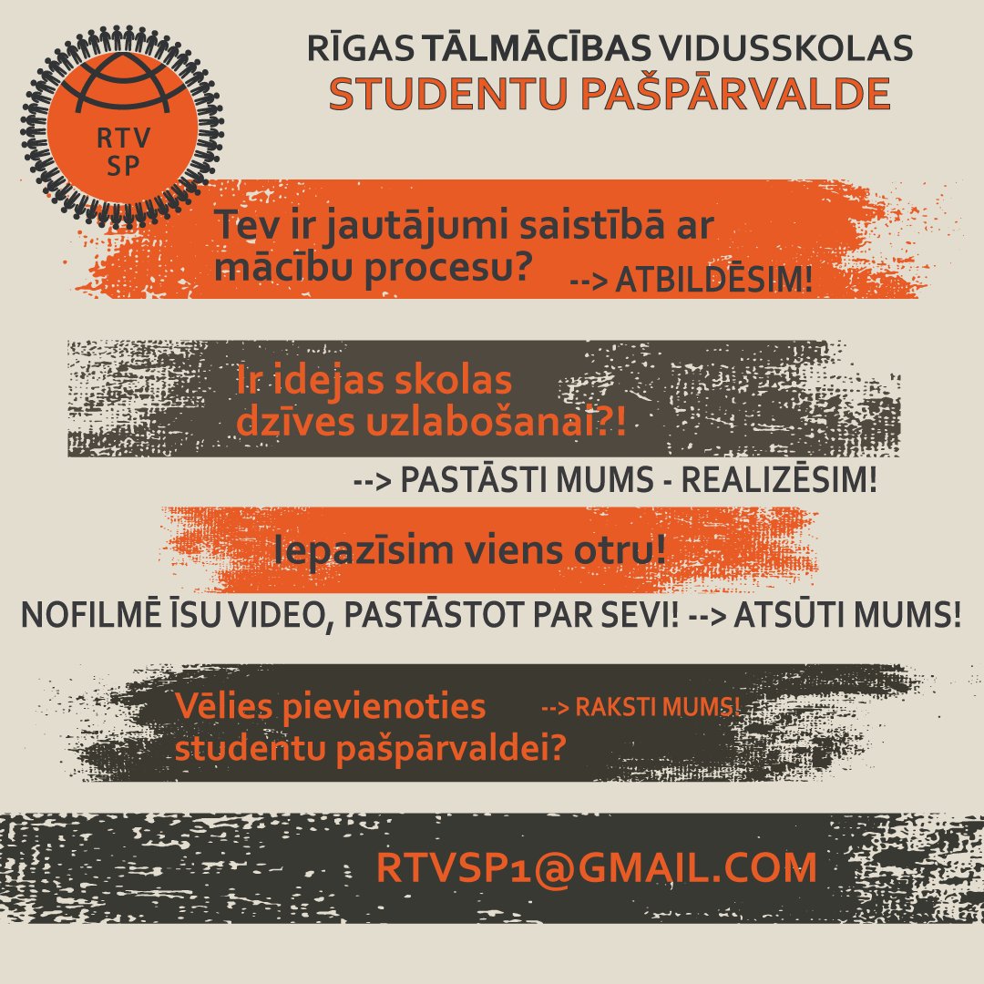 Talmaciba's tweet image. Ja Tev ir idejas, jautājumi vai, kas cits sakāms👉Tu tagad vari sazināties ar RTV studenu pašpārvaldi🖐
📧Raksti uz e-pastu rtvsp1@gmail.com