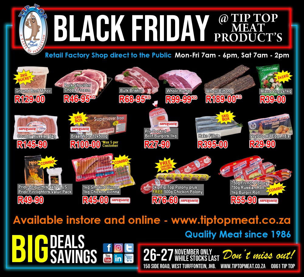tiptopmeat's tweet photo. BIG deals, BIG savings this Black Friday w/end. Factory Shop specials 26-27 Nov only. Instore &amp; online - https://t.co/8WNrORbeRK

#tiptopmeat #factoryshop #blackfriday2021 #weekend #specials #bigdeals #bigsavings #butcher #butchery #meat #meatonline #buymeatonline #itstiptop https://t.co/iNeydMJdvI