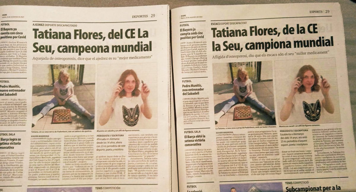 tatianafloreswr's tweet photo. I spotted gorgeous and talented me in a Spanish newspaper today 😉♟🏆 
Thank you #diarielsegre 🙌
@EscacsD #Chess #escacs #womensworldchampion #ajedrez https://t.co/KfmwCf6362