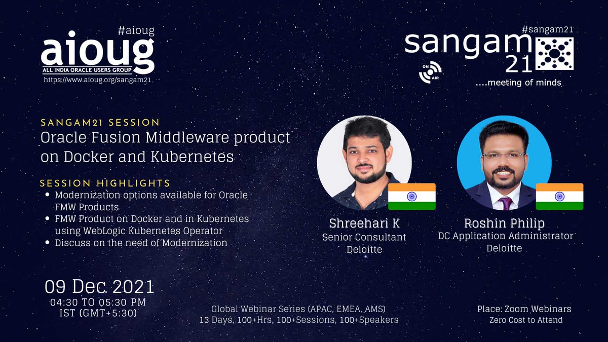 AIOUG's tweet photo. We are eagerly waiting to hear from Shreehari K, Roshin Philip. Have you booked your seat yet? Register Now https://t.co/XNEx4yBv3T @Oracle @OracleCloud @Oracle_India @groundbreakers @oracleugs @oracleace @OracleDevs #aioug #oraclecloud #oraclecustomers #OracleDevelopers https://t.co/8cvcl4NdiZ