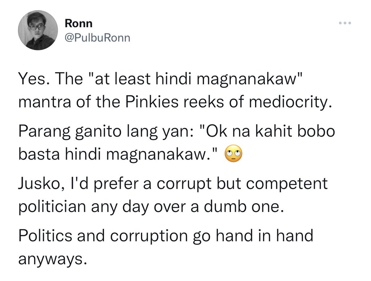 ricci_richy's tweet photo. Word of the day is “CRINGE”

“Jusko, I'd prefer a corrupt but competent politician any day over a dumb one. Politics and corruption go hand in hand anyways.”

He just said: NORMALIZE CORRUPTION https://t.co/wuYCRWqNzC