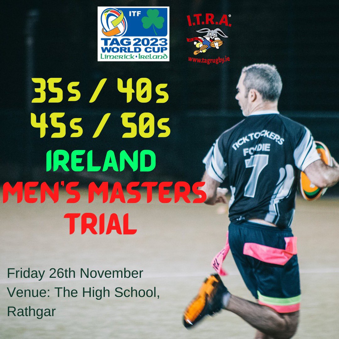 We are looking for male Tag players to represent Ireland in the Tag World Cup 2023, for the following: - Ireland Men’s 35s - Ireland Men’s 40s - Ireland Men’s 45s - Ireland Men’s 50s You can find out more and register now: tagrugby.ie/ireland-mens-t… #tagworldcup #tag2023worldcup