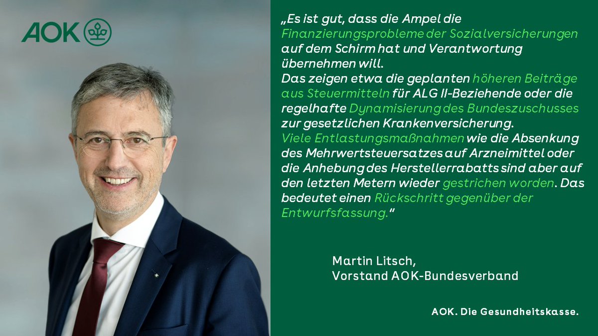 AOK_Politik's tweet photo. Die vorgeschlagene Reformagenda geht grundsätzlich in die richtige Richtung. Fast alle wichtigen Baustellen werden benannt, u.a. sind Maßnahmen zur finanziellen Stabilisierung der #GKV vorgesehen.
Dazu #AOK-Vorstand #Litsch:
https://t.co/CiMPMadK4I https://t.co/fw45vz8Xbu