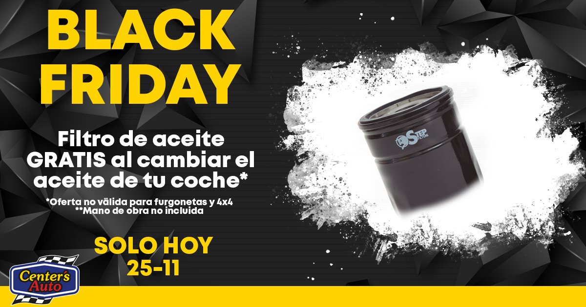 Adelantamos el BLACK FRIDAY EN Centers Auto Granada. SOLO HOY, GRATIS el filtro de aceite al cambiar el aceite de tu coche. Ver condiciones de oferta.
#centersautogranada #granada #almeria #blackfriday2021 #tallertienda