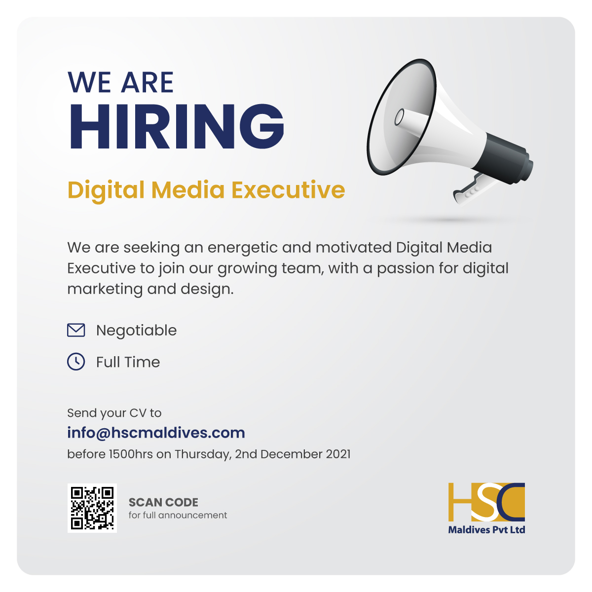 HscMaldives's tweet photo. We are hiring!

We are looking to strengthen our team with a Digital Media Executive. If you are interested in developing your career with us, here is your chance — apply now!

More info: https://t.co/obQSYjzPlq

#HSCEuro #HSCMaldives https://t.co/j9pL9asnAO