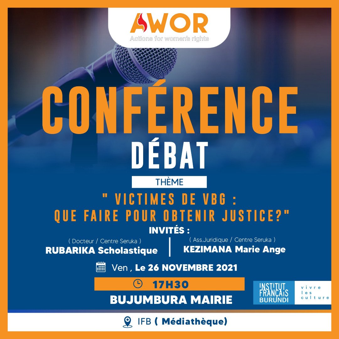 IFBurundi's tweet photo. #Débat 🟠 Thème : "Victimes de violences basées sur le genre - Que faire pour obtenir justice ?"🔸Organisé par #AWOR - Actions for Women's Rights
📆Demain 17h30 dans la médiathèque de l'@IFBurundi
Bienvenue
#vivrelescultures #16jours #OrangezLeMonde #GénérationÉgalité https://t.co/XQHSQs4UXc