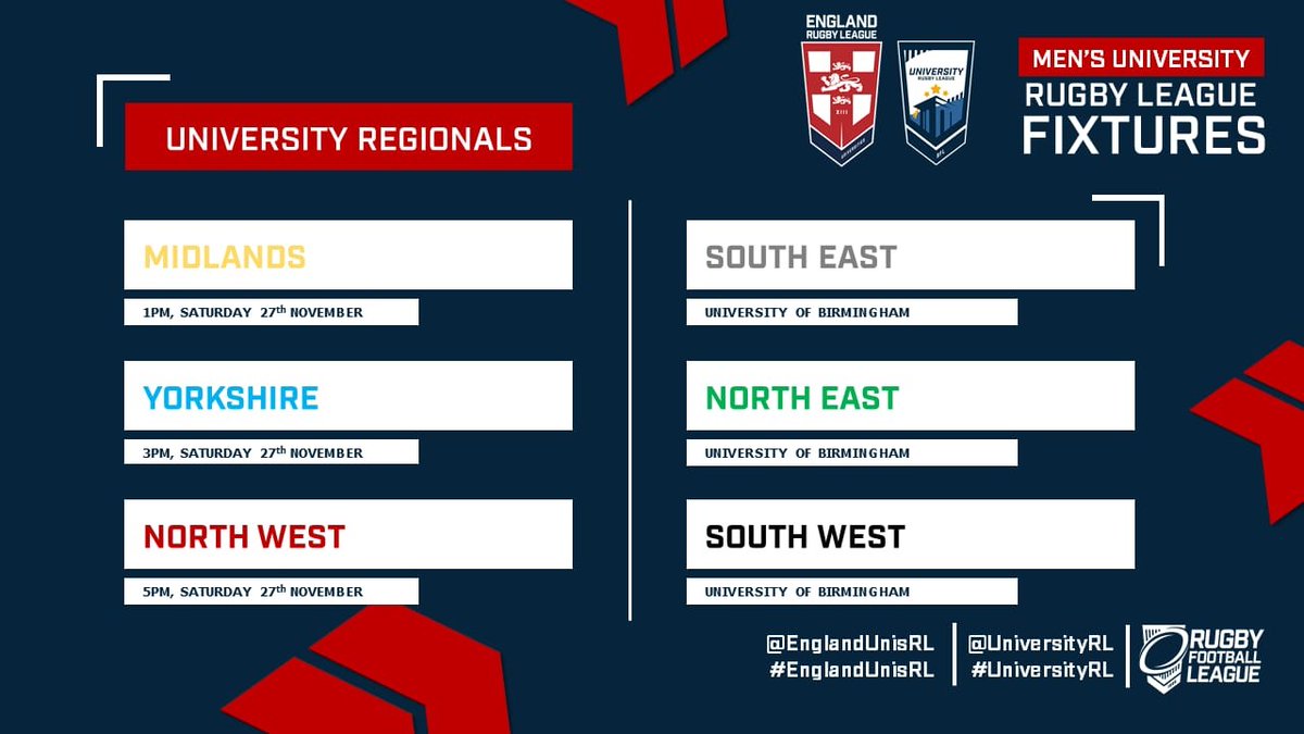 Regionals 🏴󠁧󠁢󠁥󠁮󠁧󠁿

📆 Saturday 27th November
🕘 1pm, 3pm and 5pm
📍 University of Birmingham, B15 2TT

We can't wait to get this years programme started, all squads can be found here 👉rugby-league.com/article/36314/…

<a href="/UniversityRL/">University RL</a>  <a href="/TheRFL/">Rugby Football League</a> <a href="/lions_rl/">England Community Lions RL</a> 

#EnglandUnisRL