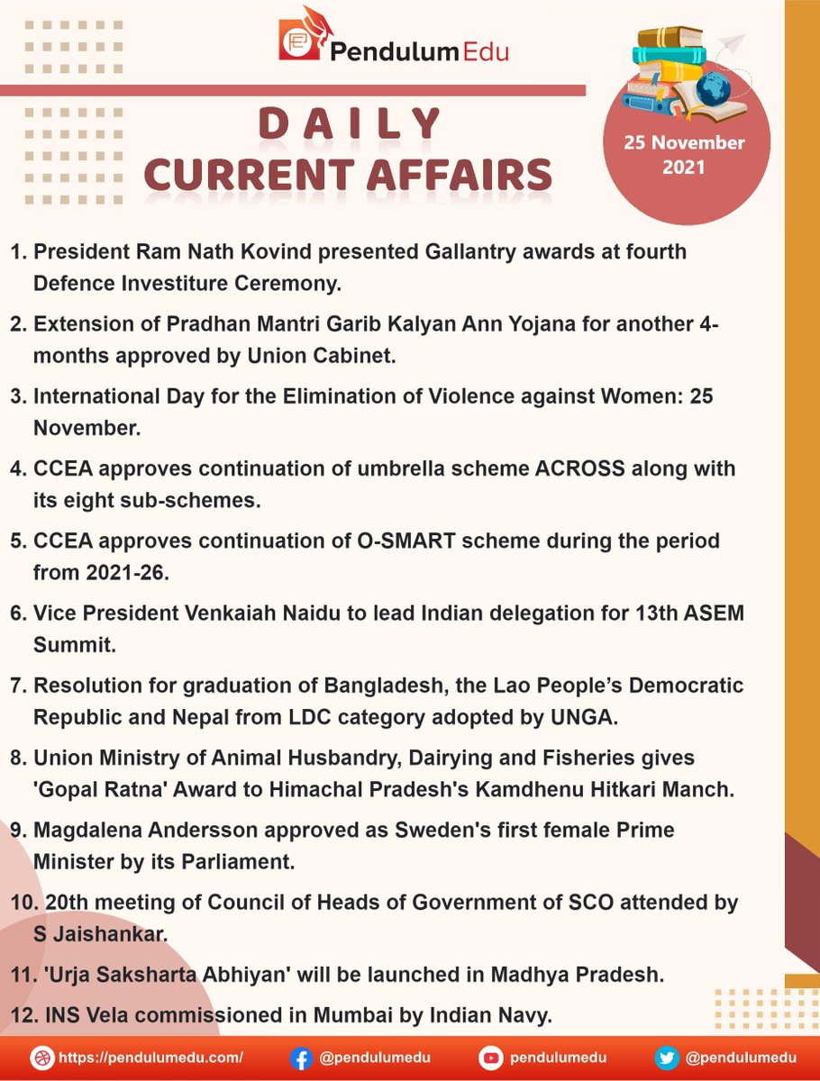 pendulumedu's tweet photo. Current Affairs of 25 November 2021 in English - https://t.co/8J0En1M0Z2
#currentaffairs #news #latestnews #breakingnews #pendulumedu #presidentramnathkovind #pradhanmantrigaribkalyanannyojana #internationaldayfortheeliminationofviolenceagainstwomen #ccea #osmart #venkaiahnaidu https://t.co/aEbwFmQj5u