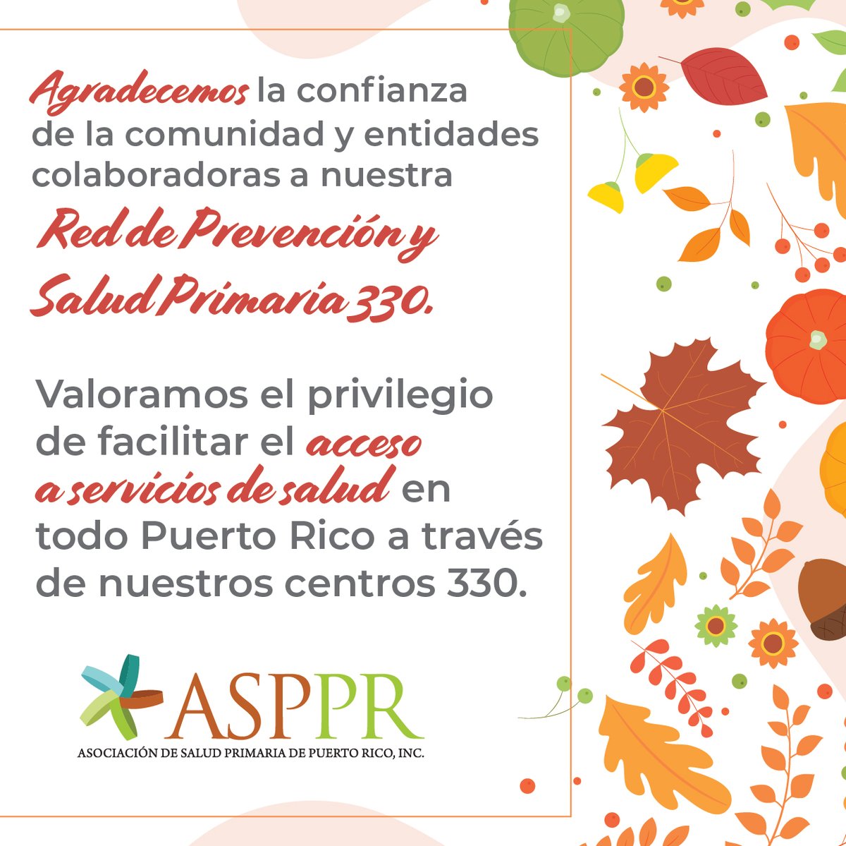 saludprimariapr's tweet photo. Feliz día de Acción de Gracias a pacientes, profesionales de la salud, colaboradores y al equipo de la #Red330.
¡Felices fiestas! https://t.co/Jo3XpyvzOL