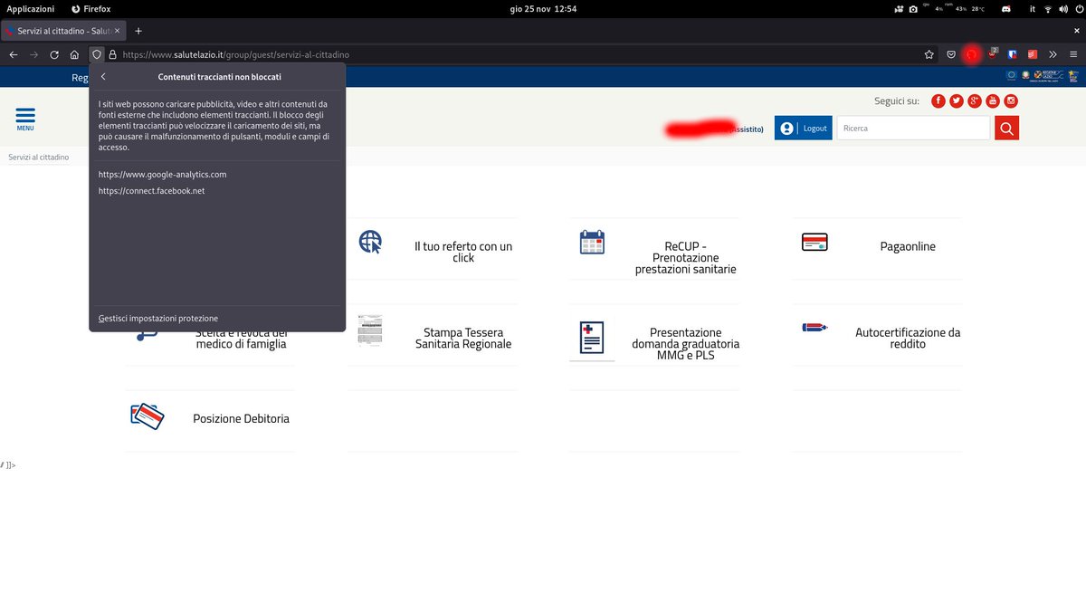 Mi chiedo se <a href="/SaluteLazio/">Salute Lazio</a> sa che sta tracciando gli utenti sia con Facebook e Google nell'area privata. Lo reputo gravissimo, non ho mai dato consenso per questo schifo da nessuna parte!