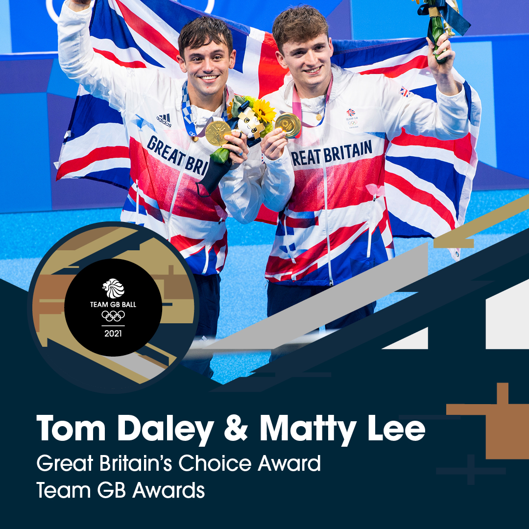 TeamGB's tweet photo. The moment of the Tokyo 2020 Olympic Games, decided by you, the fans. 

Congratulations to @TomDaley1994 and @mattydiver for winning the Great Britain’s Choice Award. 

#TeamGB | @BritishSwimming https://t.co/STXlQ4xiPb