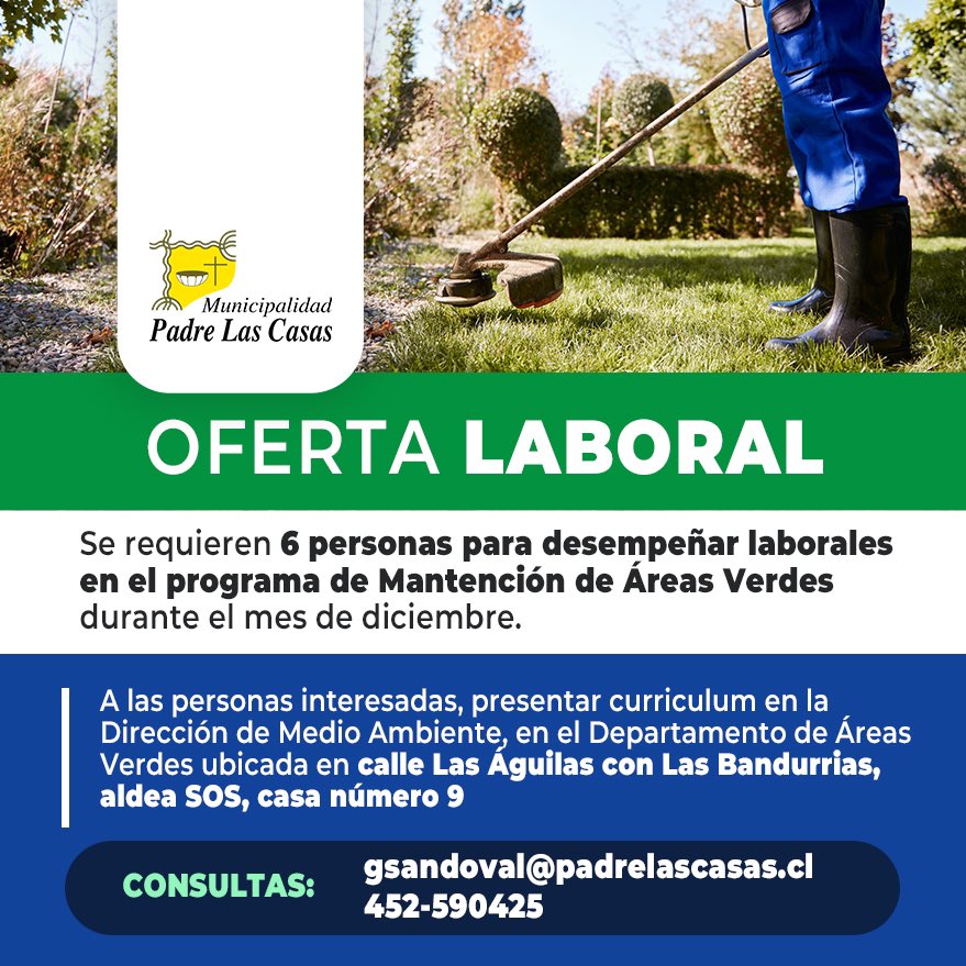 ‼️IMPORTANTE 

¿Estas buscando trabajo? Te contamos que nuestro municipio busca a 6 personas para incorporarse el equipo del departamento de áreas verdes.
.
¿Quieres postular? Revisa toda la información a continuación ⬇️⬇️⬇️