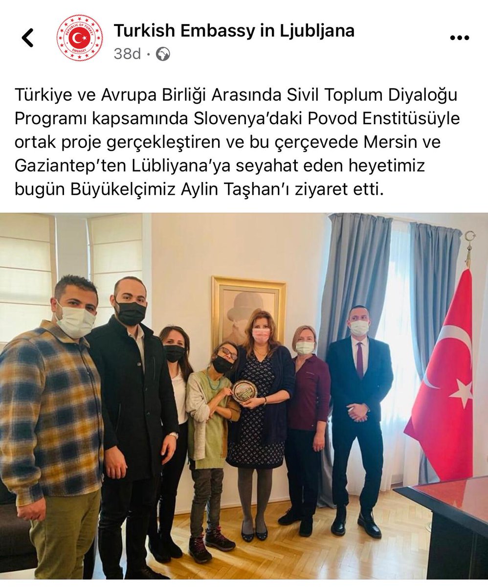 Sivil Toplum Destek-III Programı "Sürdürülebilir Kalkınma için Uyum Politikaları" projesi kapsamında gerçekleşen Slovenya çalışma ziyaretinde Ljubljana Büyükelçimiz Sn. Aylin Taşhan'ı ziyaret ettik.
<a href="/DiyalogProjesi/">SivilToplumDiyaloğu</a> <a href="/ABBaskanligi/">T.C. Dışişleri Bakanlığı Avrupa Birliği Başkanlığı</a> @cfcuturkey