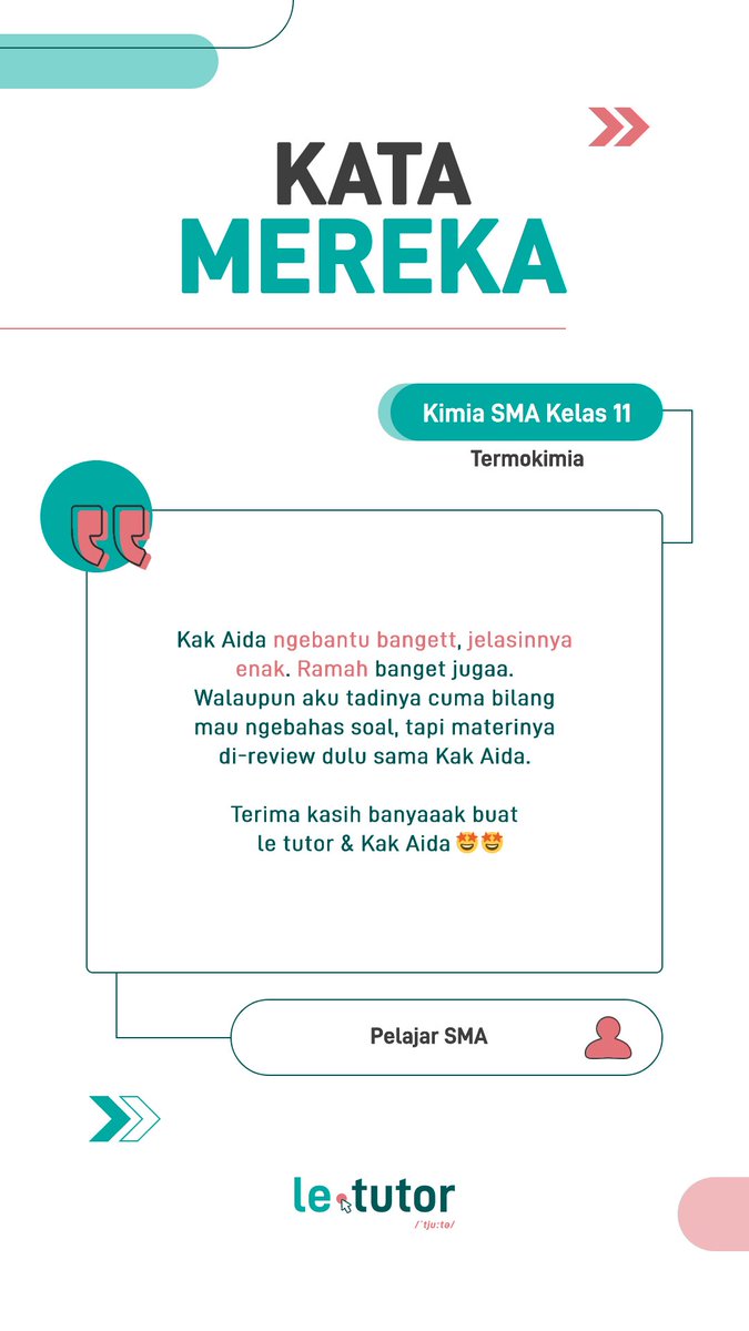 Kata mereka tentang le tutor 💬

Kelas: Kimia SMA Kelas 11
Materi: Termokimia
Tutor: Kak Aida (Mahasiswa Fast Track IPB, S1-S2 Kimia)

letutor.carrd.co