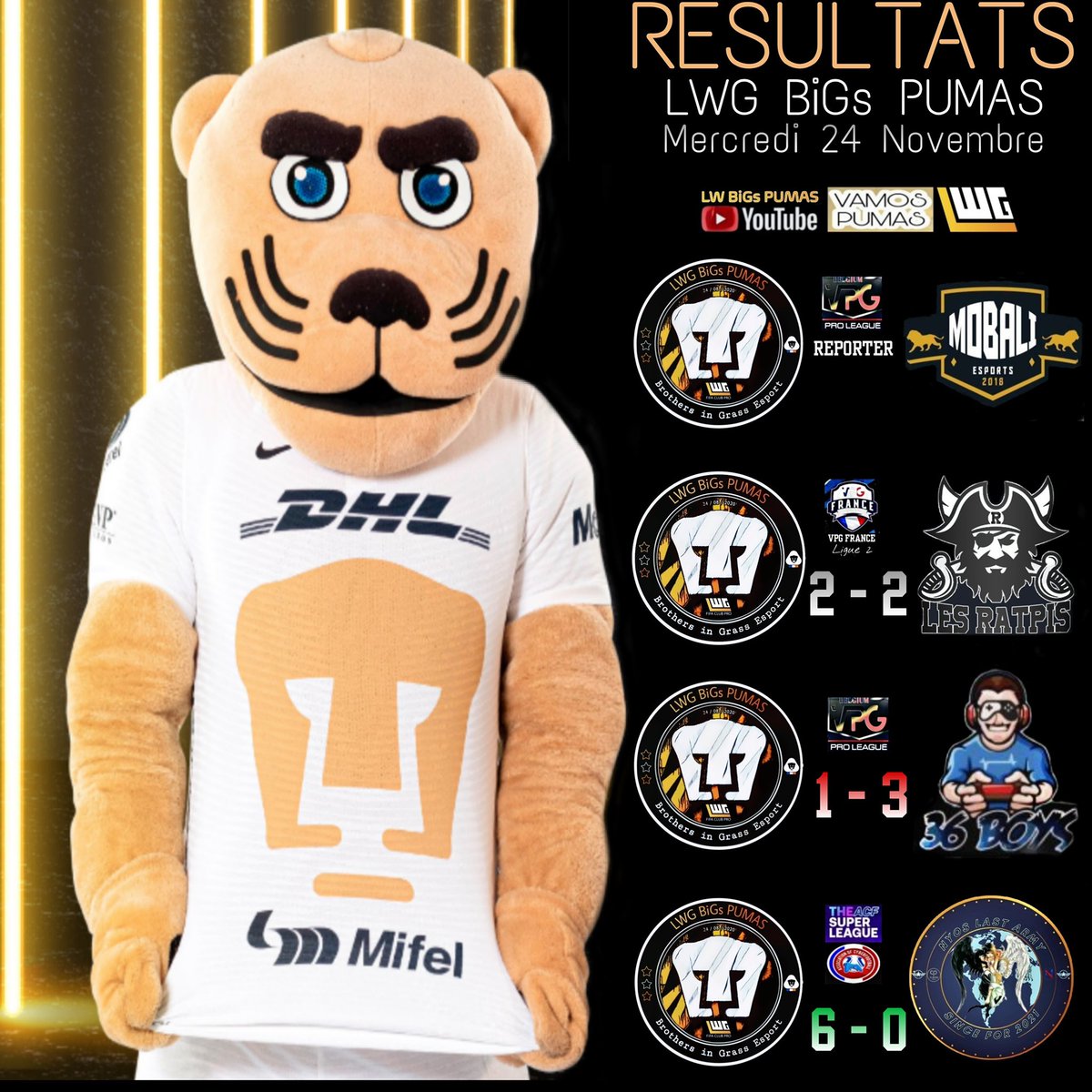 🥅 | Résultats

🏆 | <a href="/VPGFrance_/">VPG France</a> 
🥅 | Les ratpis
🤝 | 2/2

🏆 | <a href="/belgique_vpg/">VPG BELGIQUE 🇧🇪</a> 
🆚 | 36Boys
❌ | 1/3

🏆 | @SLF_CUP 
🆚 | @fabio24517 (Nyos Last Army)
✅ | 6/0

Quelques petits accrocs en terme de résultat, mais une belle réaction en fin de session.

#LWG_Officiel 
<a href="/BiGsPUMAS/">BiGs PUMAS</a>