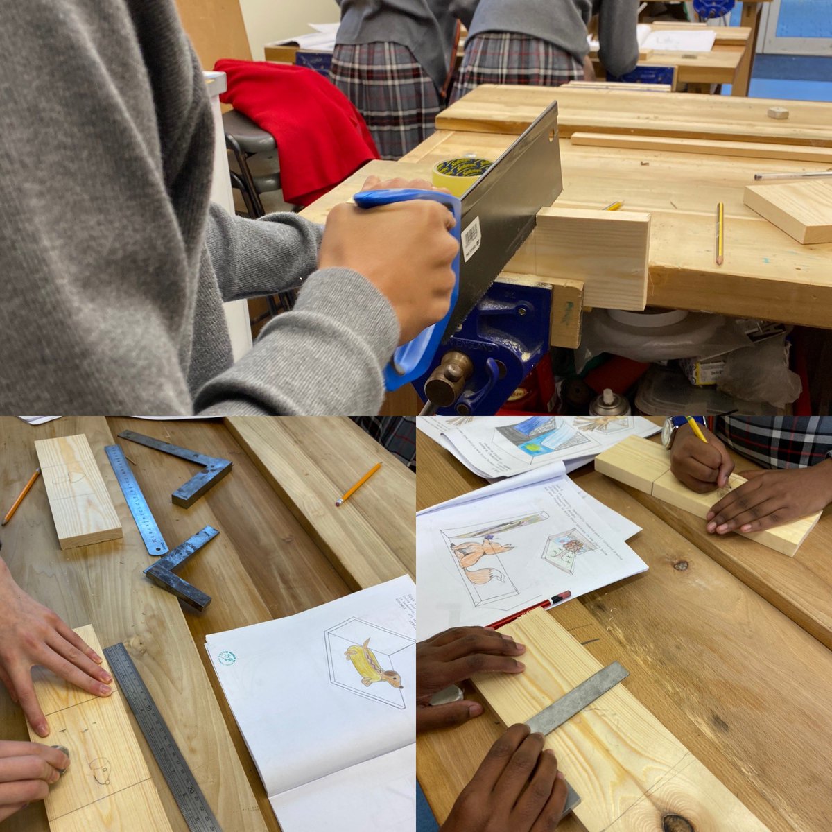 SJCDT1's tweet photo. A terrific session in the workshop with 13C @SJCDT1 this morning. Pupils @SJCCardiff learnt to mark out their wood and started cutting bookend parts using both hand and electrical tools. I can’t wait to see their designs take shape #natureproject #newskills #success https://t.co/IMvuoeCep2