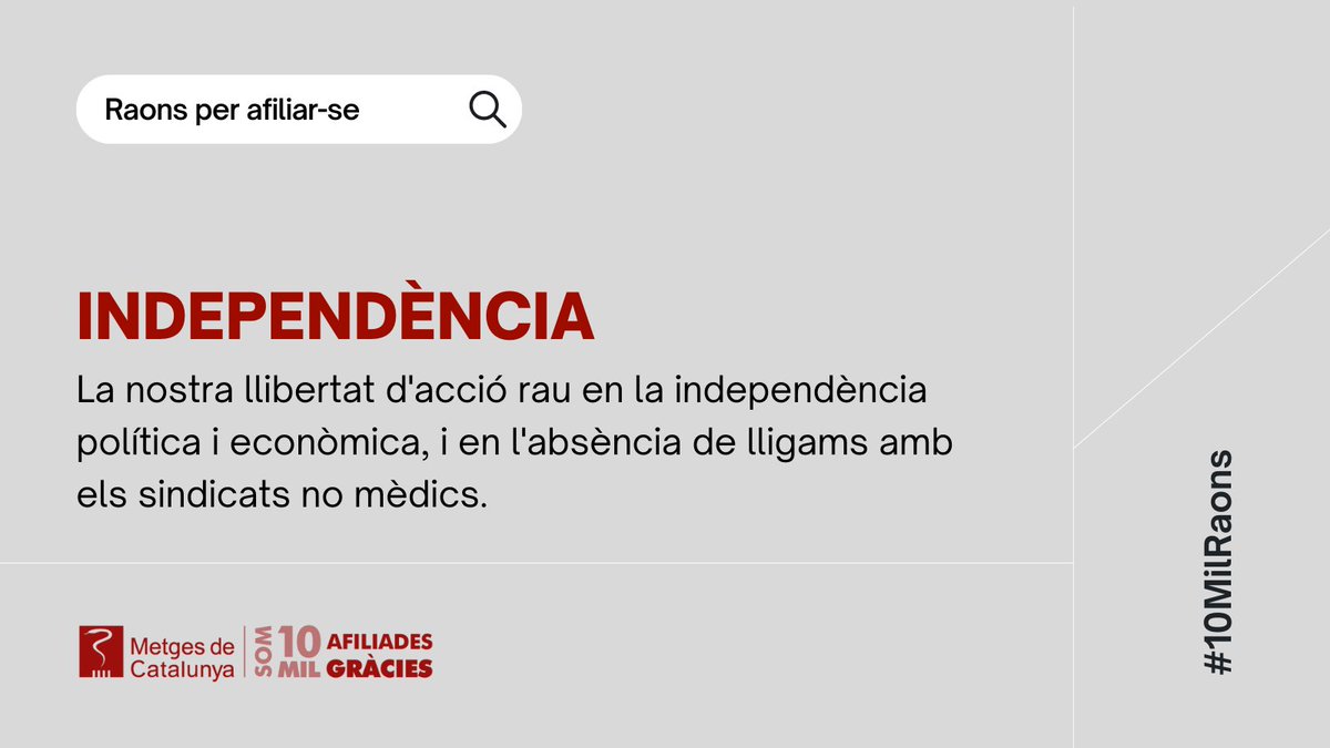 metgescatalunya's tweet photo. 🙋 Creiem en la importància de l’absència de lligams amb els sindicats no mèdics, per tal de garantir independència política i econòmica!
Vols saber més? 👉 https://t.co/rZJNzTOSg9
#10MilRaons https://t.co/eE2tbkPppf